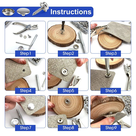 Instructions for using All In One Marine Grade Canvas Snap Kit For Boat Repair With 353 Pieces, Stainless Steel Caps Sockets Posts Studs And Screws, Fabric Base Plates, Hole Punch And Setting Tools Included, Heavy Duty Hardware For Easy Install shown in step-by-step images.