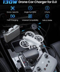 Car console with Beefy 130W Car Drone Charger With 3 USB Ports USB C USB A Fast Charging for DJI Mini 4 Pro, drone connected.