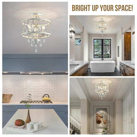 Straight Up Stunning Three Light Semi Flush Mount Crystal Ceiling Light Fixture In Vintage Rustic White Finish For Farmhouse Hallway Kitchen Entryway Bedroom Or Living Room in modern kitchen.