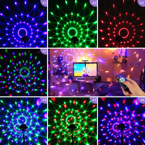 Collage showing Disco Ball Party Lights With Remote Sound Activated RGB Seven Color Strobe DJ Lights For Home Parties.