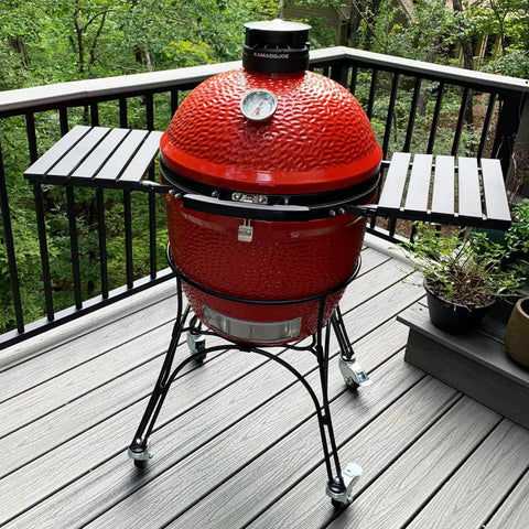 Set Of 4 Heavy Duty 3 Inch Swivel Caster Wheels With Drop Dead Quiet Bearings And Secure Threaded Stem Mount Built Like A Dream Roller For Effortless Grill Cart Upgrades on a red ceramic grill.