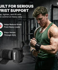 Man using black Wrist Wraps For Weightlifting With Thumb Loops Heavy Duty Wrist Support Straps for Powerlifting and Crossfit in gym.