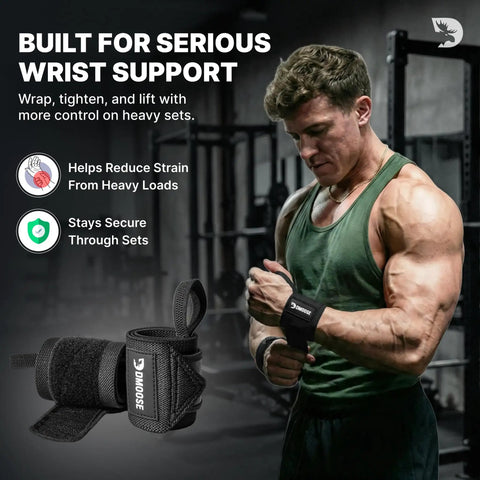 Man using black Wrist Wraps For Weightlifting With Thumb Loops Heavy Duty Wrist Support Straps for Powerlifting and Crossfit in gym.