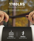 Top Shelf 400FT 1/8 Inch Black Stainless Steel Cable For Railing Systems Heavy Duty 7X7 Wire Rope showing breaking strength test with hands.