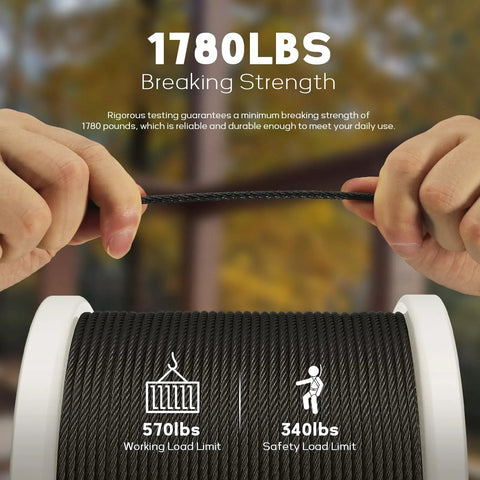 Top Shelf 400FT 1/8 Inch Black Stainless Steel Cable For Railing Systems Heavy Duty 7X7 Wire Rope showing breaking strength test with hands.