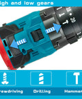 Close-up of cordless impact drill with one half inch chuck, showcasing high and low gear settings for drilling, driving, and hammering.