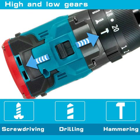Close-up of cordless impact drill with one half inch chuck, showcasing high and low gear settings for drilling, driving, and hammering.