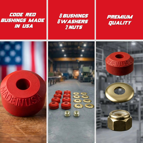 Beefed-Up Three Eighths Inch Universal Sway Bar End Link Repair Kit For A Pair Of Links Includes Code Red Grommets Washers And Nuts Fully Restores Bushings Made In USA For Reliable Suspension Performance: red bushings, washers, and nuts
