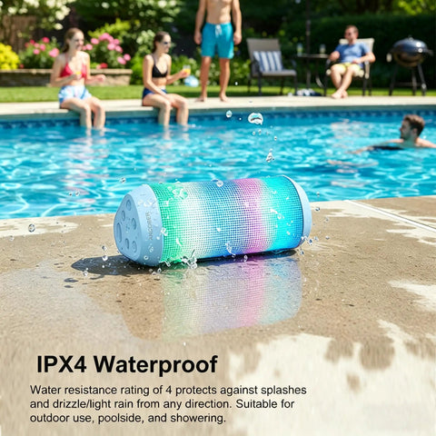 Powerful Portable Wireless Bluetooth Speaker With Stereo Sound LED Lights And Long 36 Hour Battery Life IPX4 Waterproof BT53 TWS Pairing Built In Mic Ideal For Outdoors Home Parties And Travel Powder Blue Gift with LED lights by a pool.