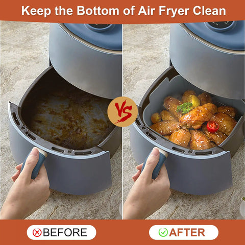 Reusable 8.1 Inch Silicone Air Fryer Pot Liners Set 2 Pack Square Oven Insert Easy Clean Food Safe Nonstick Bake Tray Improves Air Circulation For Crispier Results Includes Heat Proof Gloves showing before and after use comparison.