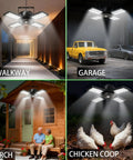 Solar Shed Light 1200LM 144LED Motion Sensor With 5 Lighting Modes illuminating walkway, garage, porch, and chicken coop