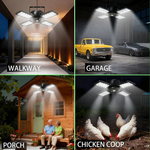 Solar Shed Light 1200LM 144LED Motion Sensor With 5 Lighting Modes illuminating walkway, garage, porch, and chicken coop
