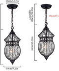 Black Globe Crystal Pendant Chandelier For Farmhouse Lighting, adjustable chain, cage design, matte black finish, dimensions shown