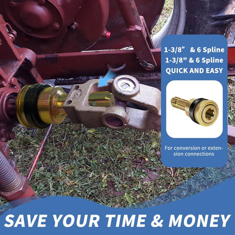 Beefed Up PTO Extender Adapter 1-3/8 Inch 6 Spline Quick Connect Male To Female Shaft Extension visible on tractor connection.