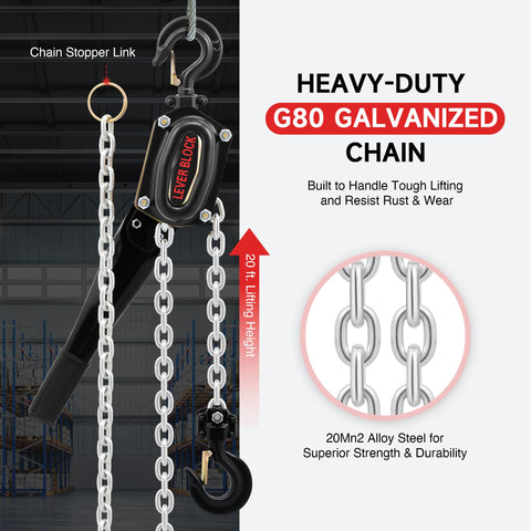 Beefy 1-1/2 Ton Lever Chain Hoist With 20 Ft Lift, featuring G80 Galvanized Chain and Swivel Hooks for heavy-duty use