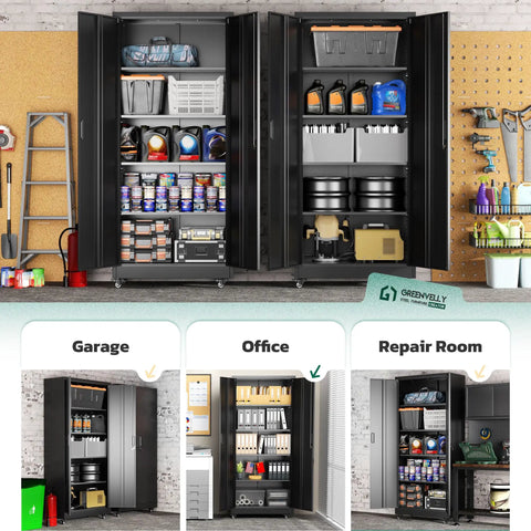 73 Inch Rolling Storage Cabinet With Locking Doors And Four Adjustable Shelves, Heavy Duty Metal Garage Storage Cabinet On Wheels For Home Kitchen Office And Warehouse, Rust Resistant Steel, organized in various settings.