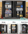 Heavy Duty 73 Inch Metal Storage Cabinet On Wheels With Locking Doors And Four Adjustable Shelves, Durable Steel Garage Cabinet For Home Kitchen Office And Warehouse, 32 Inch Wide By 16 Inch Deep, shown in use in garage, office, and repair room settings.