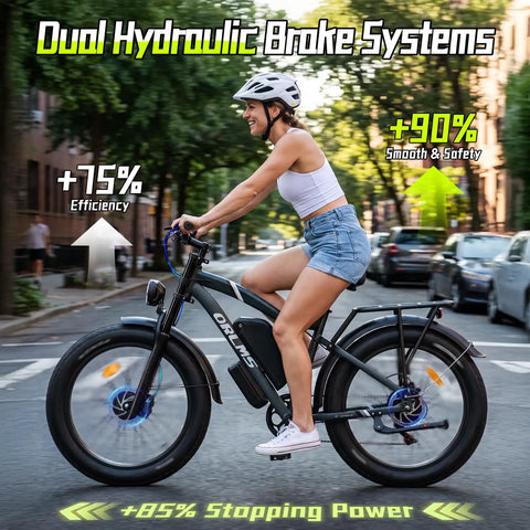 A woman riding the Hella Powerful 8000W Dual Motor Electric Bike For Adults in city, showcasing dual hydraulic brake systems.