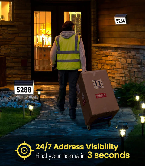 Person delivering package to house with Solar Powered LED House Numbers For Outdoor Use With Weatherproof Black Address Sign Plaque