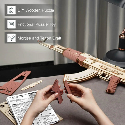 Hands assembling Dope 3D Wooden Puzzle Kit For Adults, DIY Rubber Band Gun Build on a table, focus on puzzle pieces.