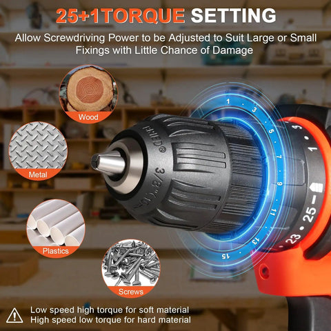 Close-up of the 12V Cordless Drill Driver Kit with Three Eighths Inch Keyless Chuck showcasing torque settings