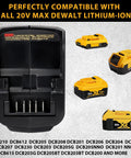 All In One 20V Battery Adapter With USB Phone Charger And LED Work Light shown with compatible DeWalt Lithium-Ion batteries