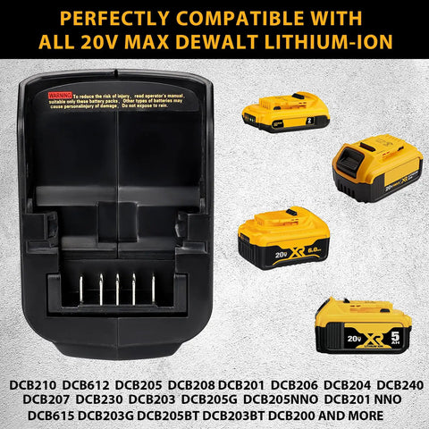 All In One 20V Battery Adapter With USB Phone Charger And LED Work Light shown with compatible DeWalt Lithium-Ion batteries