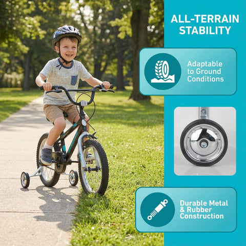 Child riding a bike with Adjustable Training Wheels For Kids Bike 14 16 18 Inches With Rust Resistant Steel Frame And Rubber Wheels