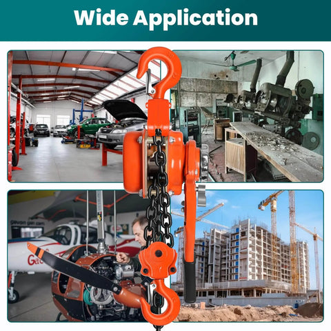 Manual Chain Hoist 6 Ton with G80 Chain in dock, garage, and factory applications, featuring 360° swivel hooks for heavy lifting.