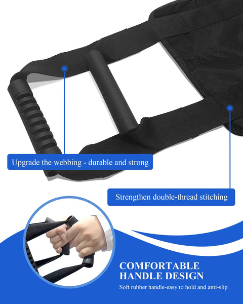 Close-up of durable black handle on Transfer Sling and Gait Belt for Elderly and Disabled with dual grab handles and straps