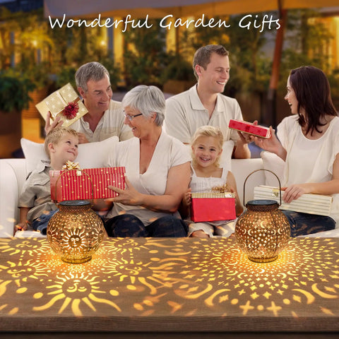 Two Pack Solar Lanterns Outdoor Waterproof Bronze Moon Star Sun Design Lights For Balcony And Yard with family gifting scene