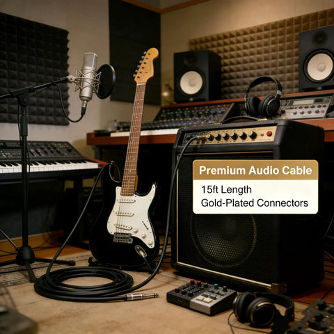 Beefy 15 Foot 12AWG Speaker Cable With One Quarter Inch TS To One Quarter Inch TS Gold Plated Tips coiled by guitar amp in studio