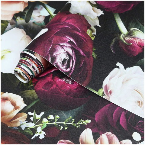 Peel And Stick Floral Wallpaper With Rose And Daisy Pattern Removable Self Adhesive Mural for Walls Easy Install 17.7 x 9.8 Feet Black Pink Purple