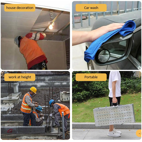 Heavy Duty Portable Scaffolding And Adjustable Work Platform With Rock Solid Stability And Zero Sweat Folding Setup For Ace Ceiling Jobs Car Cleans Or Home Repairs Up To Eight Hundred Pounds Max Load in use for house decoration, car wash, and portable lifting.