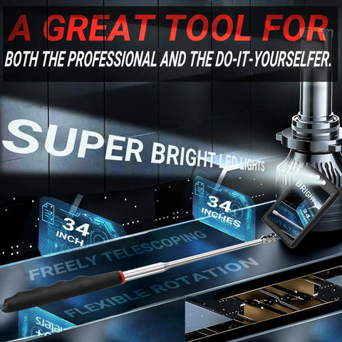 Telescoping Inspection Mirror With LED Light For Men Gift showing super bright LED with 34-inch extension and flexible design.