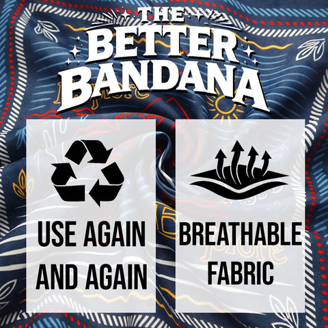 Americana Bandana Set 22 By 22 Inches Lightweight featuring "The Better Bandana" with eco-friendly symbols and breathable fabric icons.