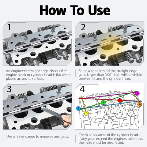 Pro Grade 24 Inch Machinist Precision Straight Edge For Cylinder Heads And Engine Blocks, Flatness Check With Warp Detection, Bearing Saddles, Cam Covers, Flywheels, And Other Critical Machining Surfaces. How-to guide showing straight edge use on a cylinder head