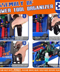 Magnetic Power Tool Organizer Rack For The Shop, Heavy Duty 4 Slot Drill Holder, installation steps, metal rack mounted on cart.