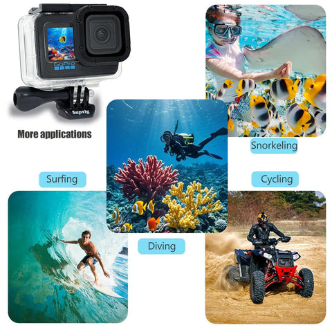 Collage of GoPro with Underwater GoPro Housing For Hero 9 10 11 12 13 Black Beefed Up Waterproof Case for action sports use.