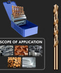 M35 Cobalt Drill Bit Set 25 Piece Pro Grade with Metric Sizes 1.0mm to 13.0mm HSS cobalt jobber bits for hard materials shown.