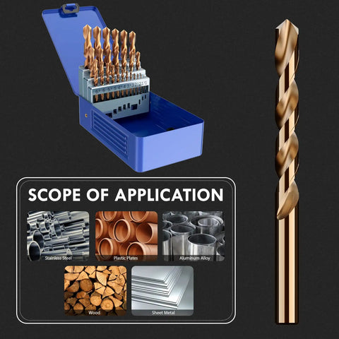 M35 Cobalt Drill Bit Set 25 Piece Pro Grade with Metric Sizes 1.0mm to 13.0mm HSS cobalt jobber bits for hard materials shown.