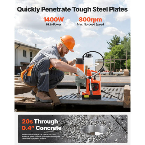 Job Site Ready 1400W Magnetic Drill Press With Two Inch Boring Range And Smooth Variable Zero Through Eight Hundred Rpm Control Paired With Rock Solid Hold Base Plus Weldon Shank For Steel Tasks in use on tough steel plates.