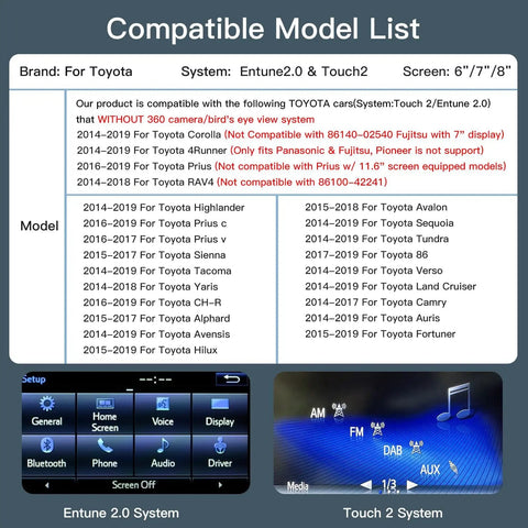 Toyota Wireless CarPlay And Android Auto Adapter Upgrades Your Ride With Entune Two Point Zero Touch Two Retrofit Kit For 2014 To 2019 Models Works With Tundra Highlander RAV4 Tacoma Camry Corolla Avalon Prius CHR Sienna And More compatible models list
