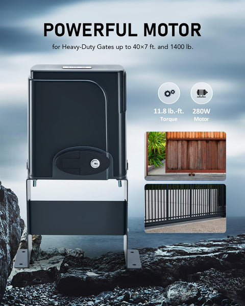 Heavy Duty Sliding Gate Opener for 40 Ft Gates Up To 1400 Lb With 280W Chain Drive displayed with gate examples