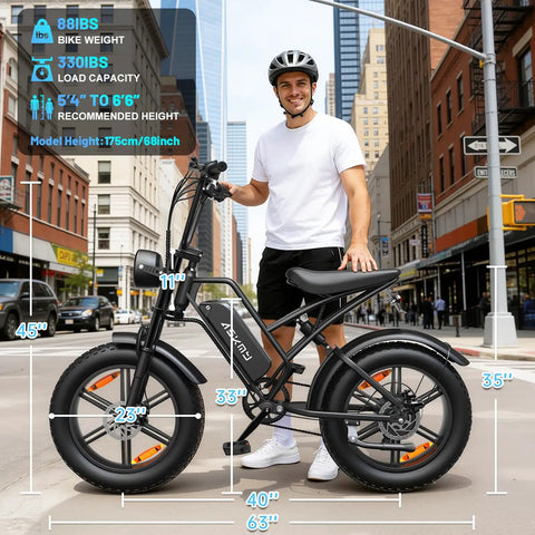 Person standing next to Fat Tire Electric Mountain Bike All Terrain E Bike With 1500W Peak Motor in an urban street setting.