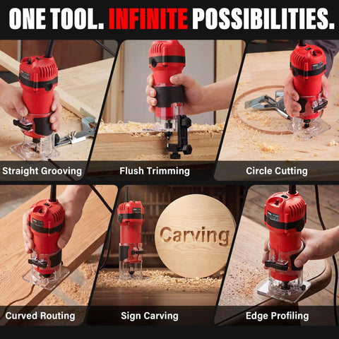 Powerful 6.5 Amp Compact Wood Router Tool For Woodworking With 6 Variable Speeds And 15 Piece Tungsten Carbide Bits for flush trimming projects.