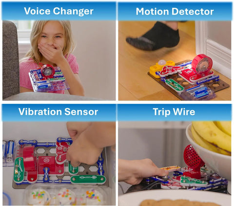 Spy Kit For Kids With 25 Plus Secret Agent Missions Cool STEM Toy To Build Real Motion Detectors Voice Changer Trip Wires Alarms Vibration Sensor And Light Or Sound Alerts voice changer and motion detector demo