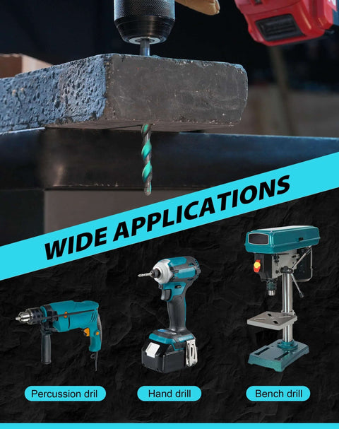 EZARC masonry drill bit set, 5 pcs, 5/32–3/8 in, carbide tips; shown with a percussion drill, hand drill, and bench drill