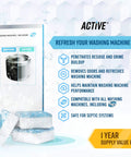 Powerful Washing Machine Cleaner And Descaler Tablets 24 Pack, showing before and after images for effective cleaning.