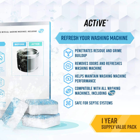 Powerful Washing Machine Cleaner And Descaler Tablets 24 Pack, showing before and after images for effective cleaning.